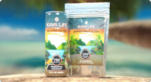 Kava Life Seltzer and Gummies with a tropical background
